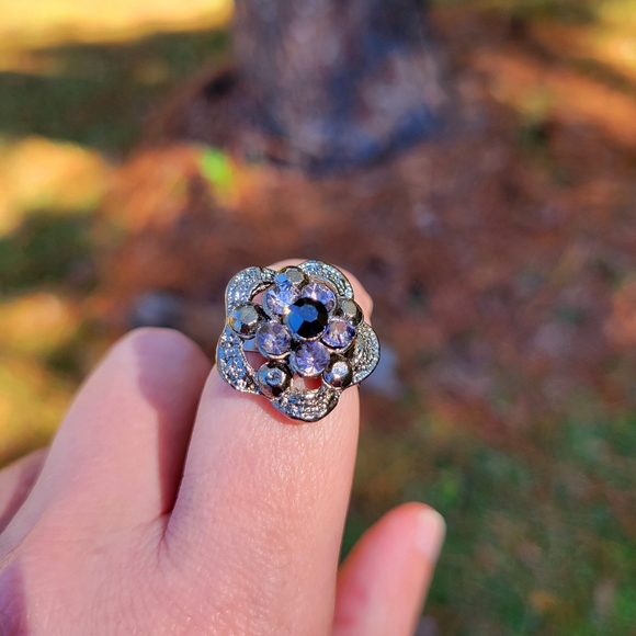 Pleasant Purple Jeweled Flower Silver Ring One Size Fits All - Picture 4 of 10